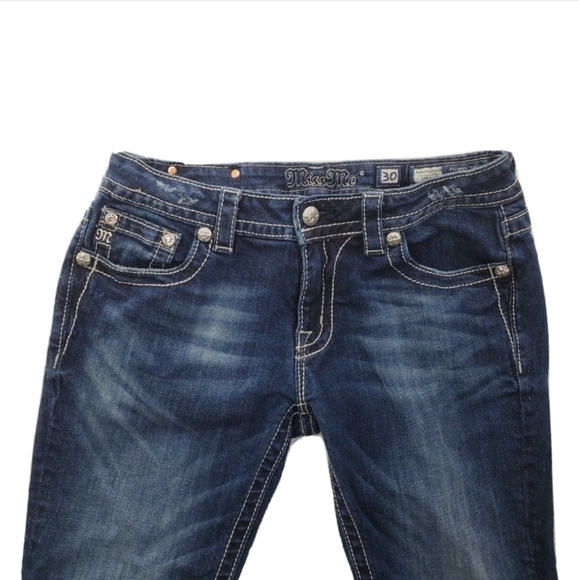 Miss Me Blue Straight Leg Jeans with White Embroidery - Picture 3 of 13